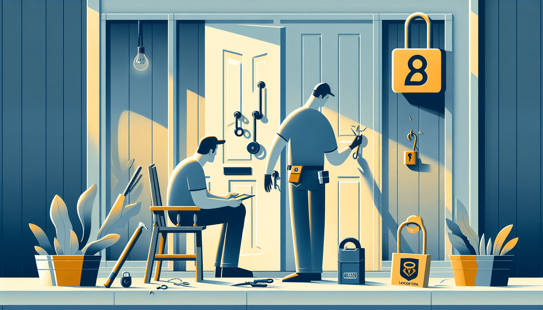 Locksmith repairing a damaged door after a burglary