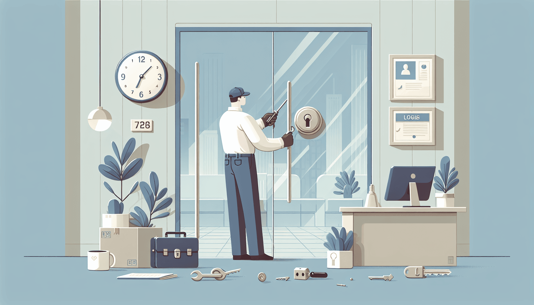 Locksmith repairing a commercial door lock in an office building