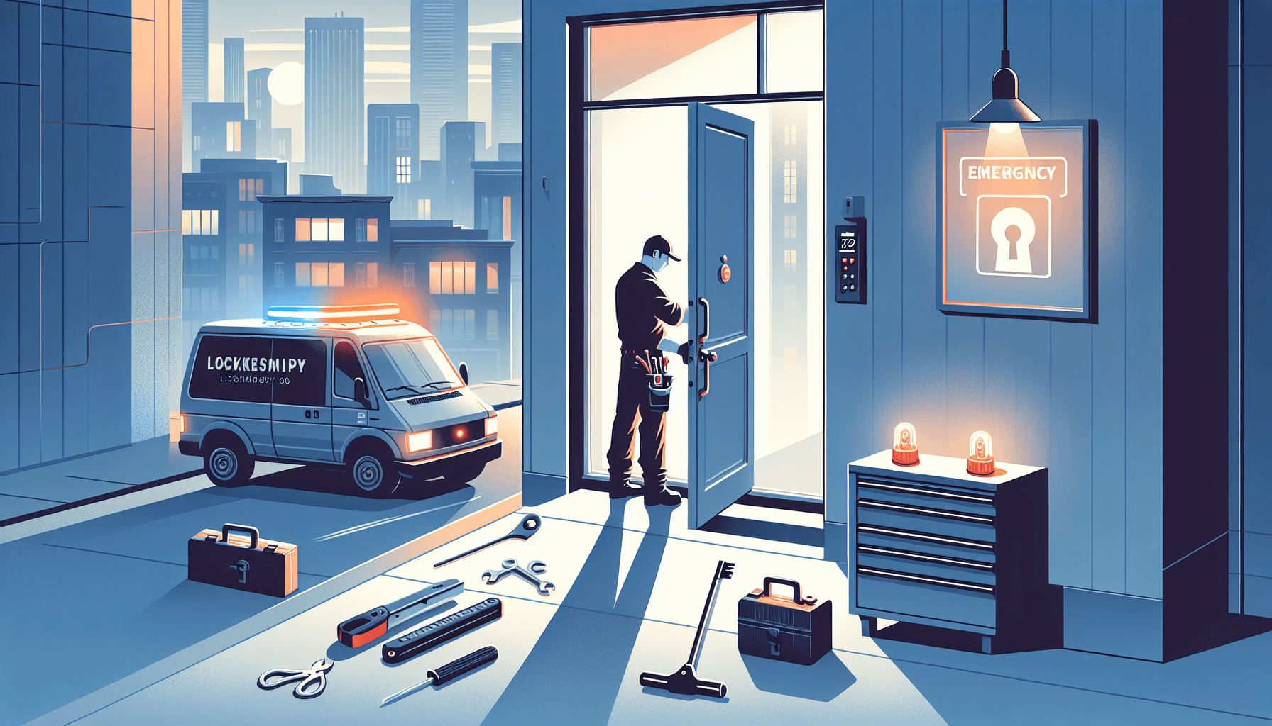 Illustration of a locksmith responding to an emergency lockout call