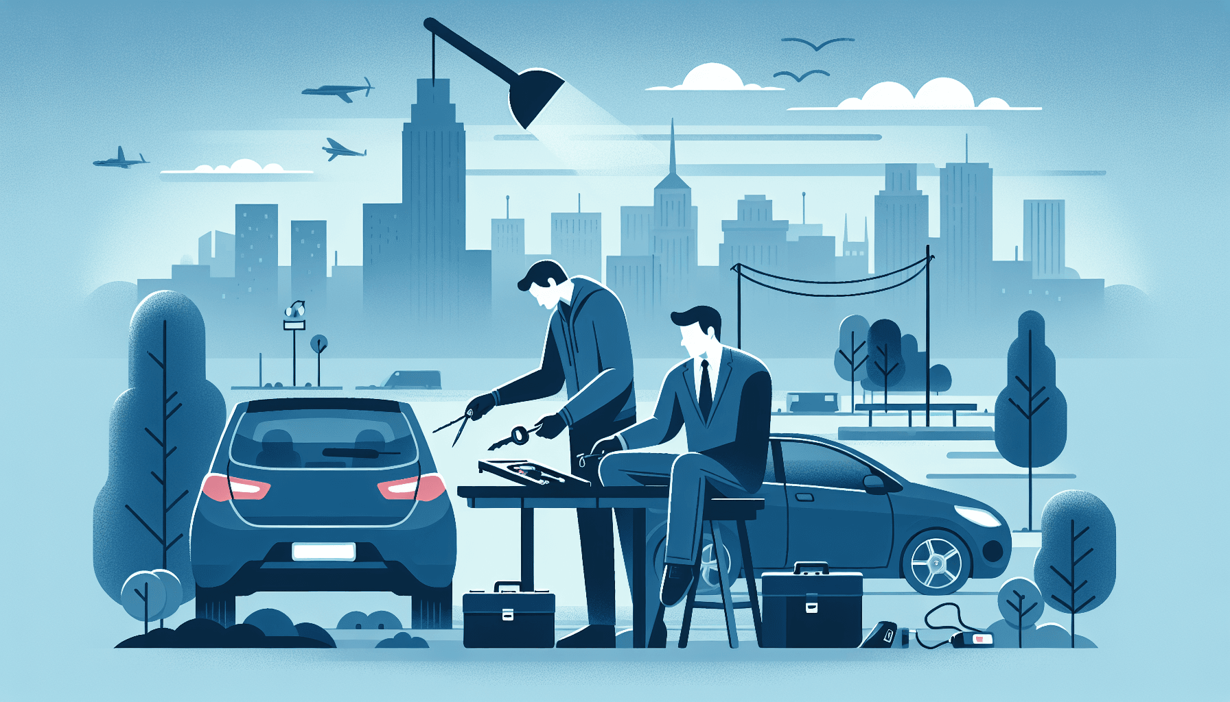 Auto locksmith programming a new car key by a parked vehicle